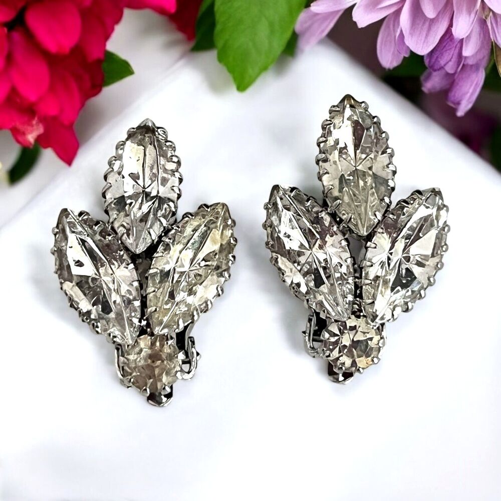 Vintage 1960s Clip On Earrings Rhinestone Navette Cluster Silver Tone - 10Y